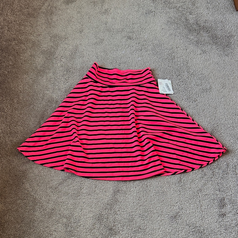 LuLaRoe Azure Pink Black Striped Flared Circle Midi Skirt SIZE 10 Stretch